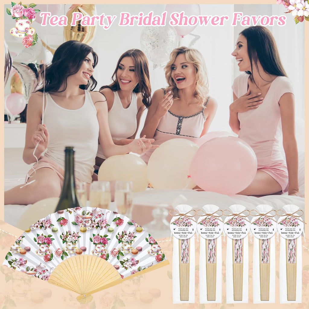 CroBlissful 30 Sets Off the Market Bridal Shower Favors Bamboo Folding Paper Hand Fans with Organza Bags and Thank You Tags Floral Market Themed Wedding Souvenirs for Guests