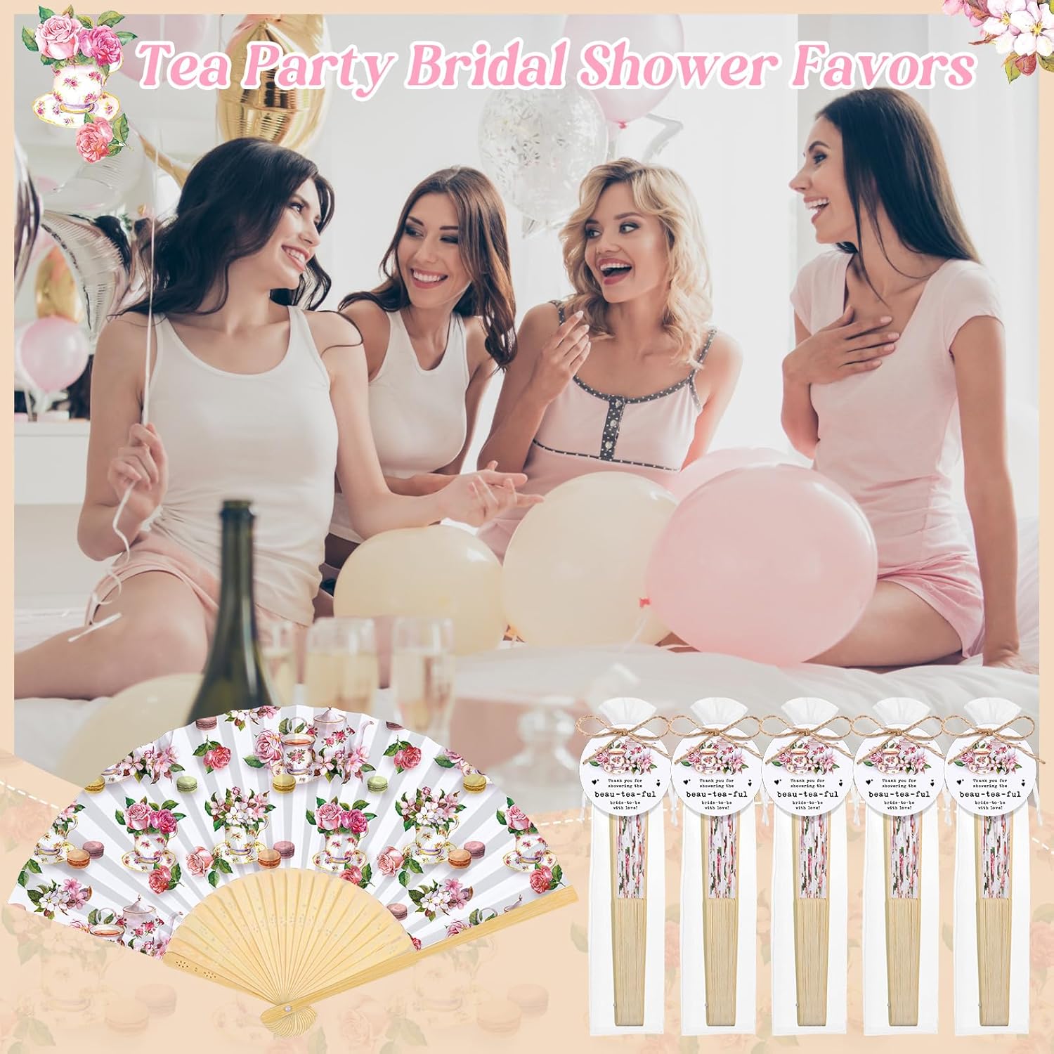 CroBlissful 30 Sets Off the Market Bridal Shower Favors Bamboo Folding Paper Hand Fans with Organza Bags and Thank You Tags Floral Market Themed Wedding Souvenirs for Guests