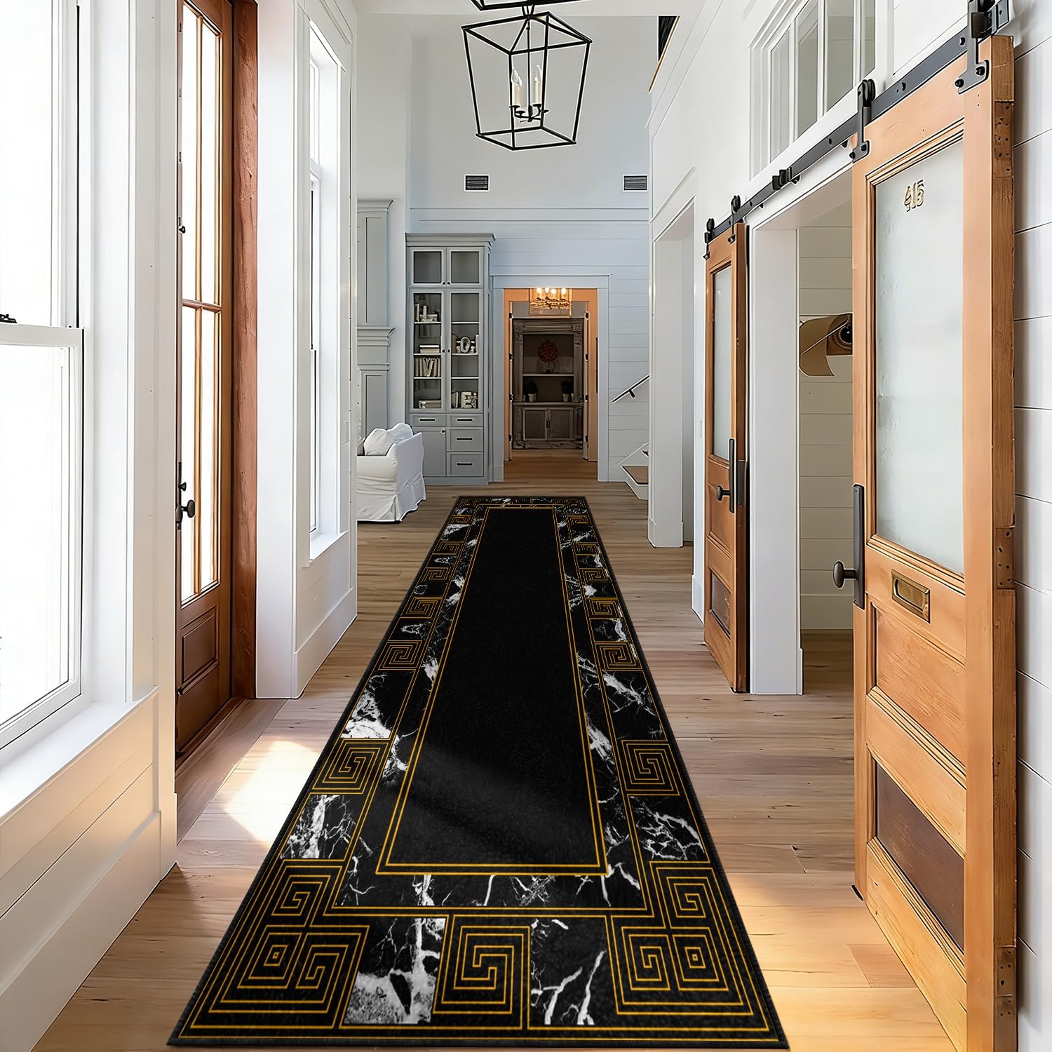 Elegant Black Runner Rug with Geometric Marble & Gold Greek Key Design, Low Pile Non-Slip Hallway Carpet, Washable Kitchen Floor Mat, for Living Room Bedroom Entryway Home Office Decor, 2' x 8'