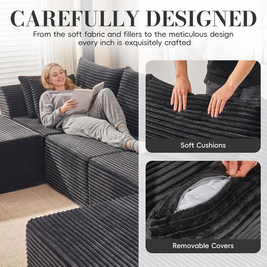 130" Modular Sectional Sofa,Modular Cloud Sofa,U-Shaped Cloud Couch with High-Density Foam & Corduroy Fabric,Boneless Couch Deep Seat Couch for Living Room Apartments Bedroom No Assembly Required ﻿