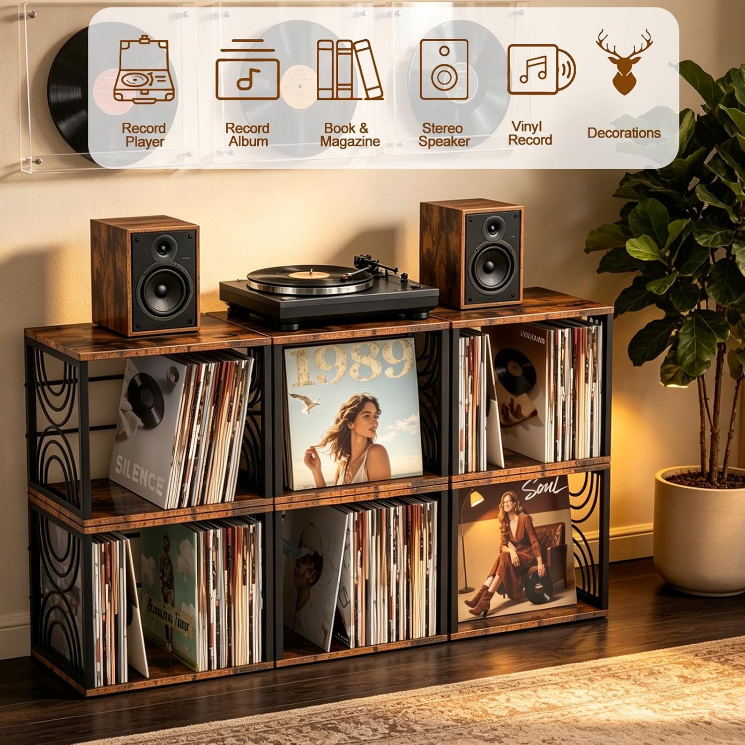 Wood Vinyl Record Storage,DIY Stackable Record Holder,Holds 80-100 LPs,Retro Vinyl Holder, Visualize Album Crate Cube,Top Supports Turntable in Bedroom Living Room Music Corner for 7/10/12In