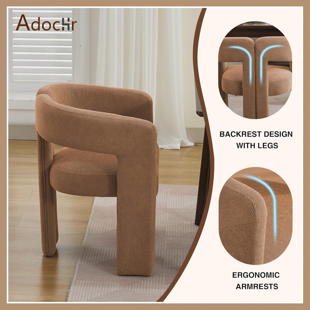 adochr Modern Barrel Dining Chairs Set of 6, Upholstered Linen Dining Room Chair with Wooden Legs, Accent Chairs with Arms, Comfy Side Armchairs for Kitchen/Dining Room/Living Room, Brown