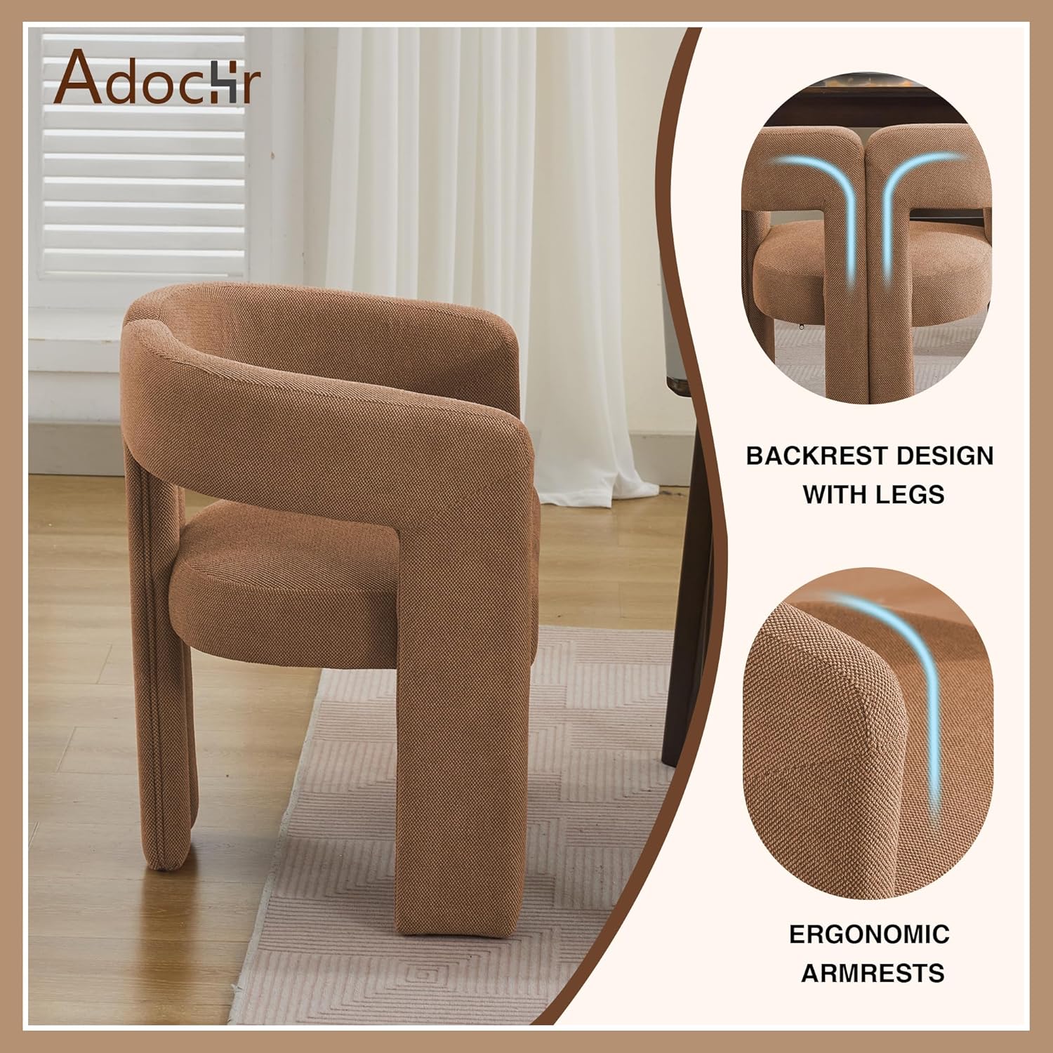 adochr Modern Barrel Dining Chairs Set of 6, Upholstered Linen Dining Room Chair with Wooden Legs, Accent Chairs with Arms, Comfy Side Armchairs for Kitchen/Dining Room/Living Room, Brown