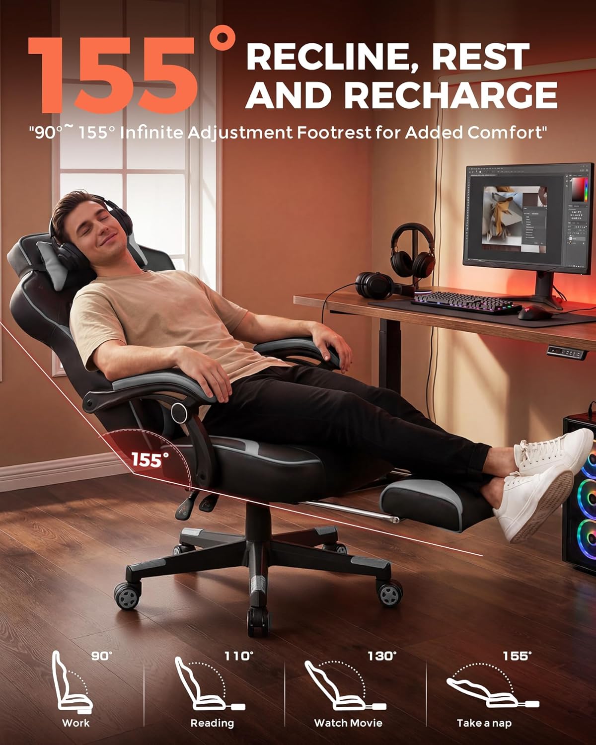 GTPLAYER Gaming Chair with Footrest, Big and Tall Computer Game Chair 350lb Racing Style, Ergonomic High Back Lumbar Support and Recliner, Moon Gray