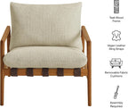 Modway Nomi Teak Wood Outdoor Sling Accent Chair in Sand - Faux Leather Vegan Patio Armchair with Removable Cushioned Upholstery