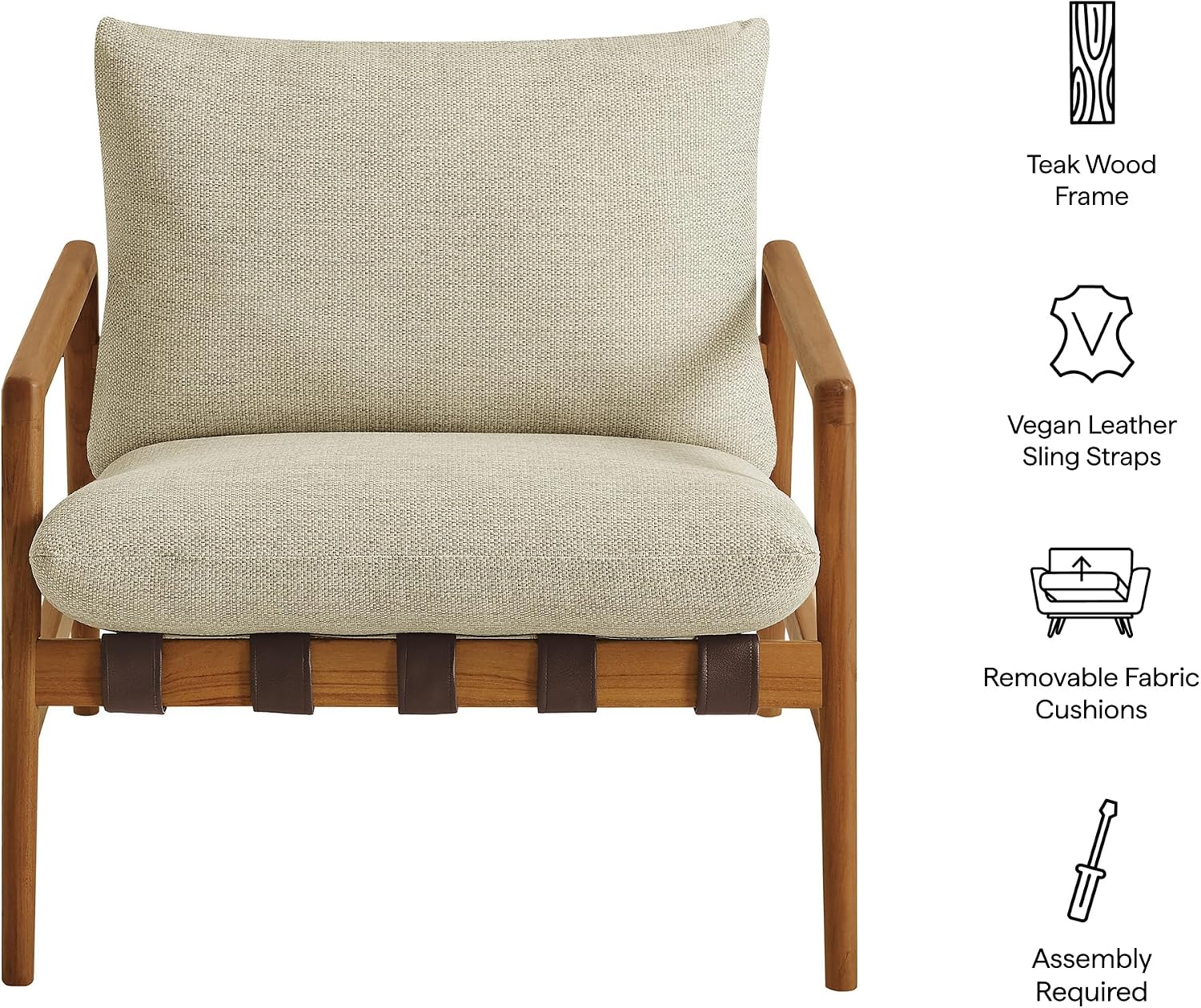 Modway Nomi Teak Wood Outdoor Sling Accent Chair in Sand - Faux Leather Vegan Patio Armchair with Removable Cushioned Upholstery
