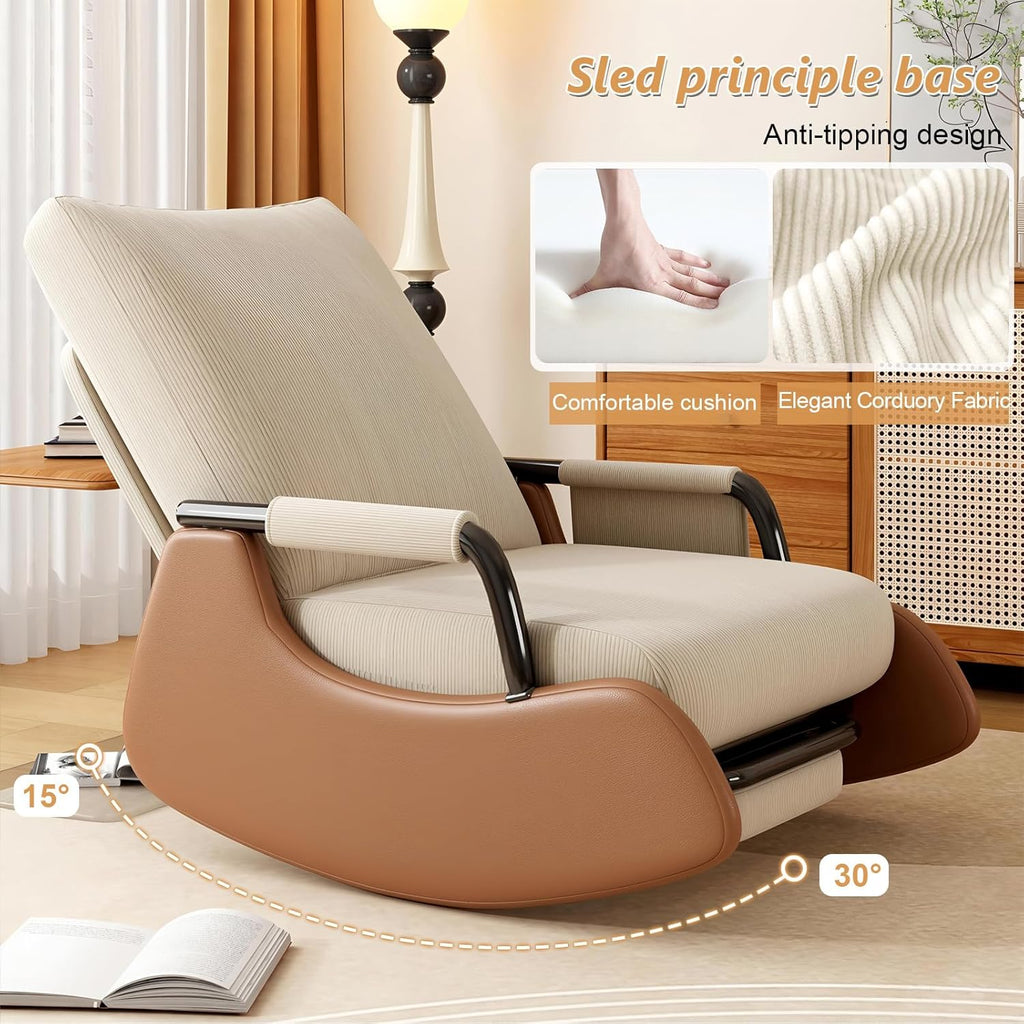 Rocking Chair Nursery with Foot Rest, Comfortable Upholstered Recliner Rocker with Side Pocket and Adjustable High Backrest, Soft Corduroy Modren Rocking Chair Living Room Bedroom, Beige