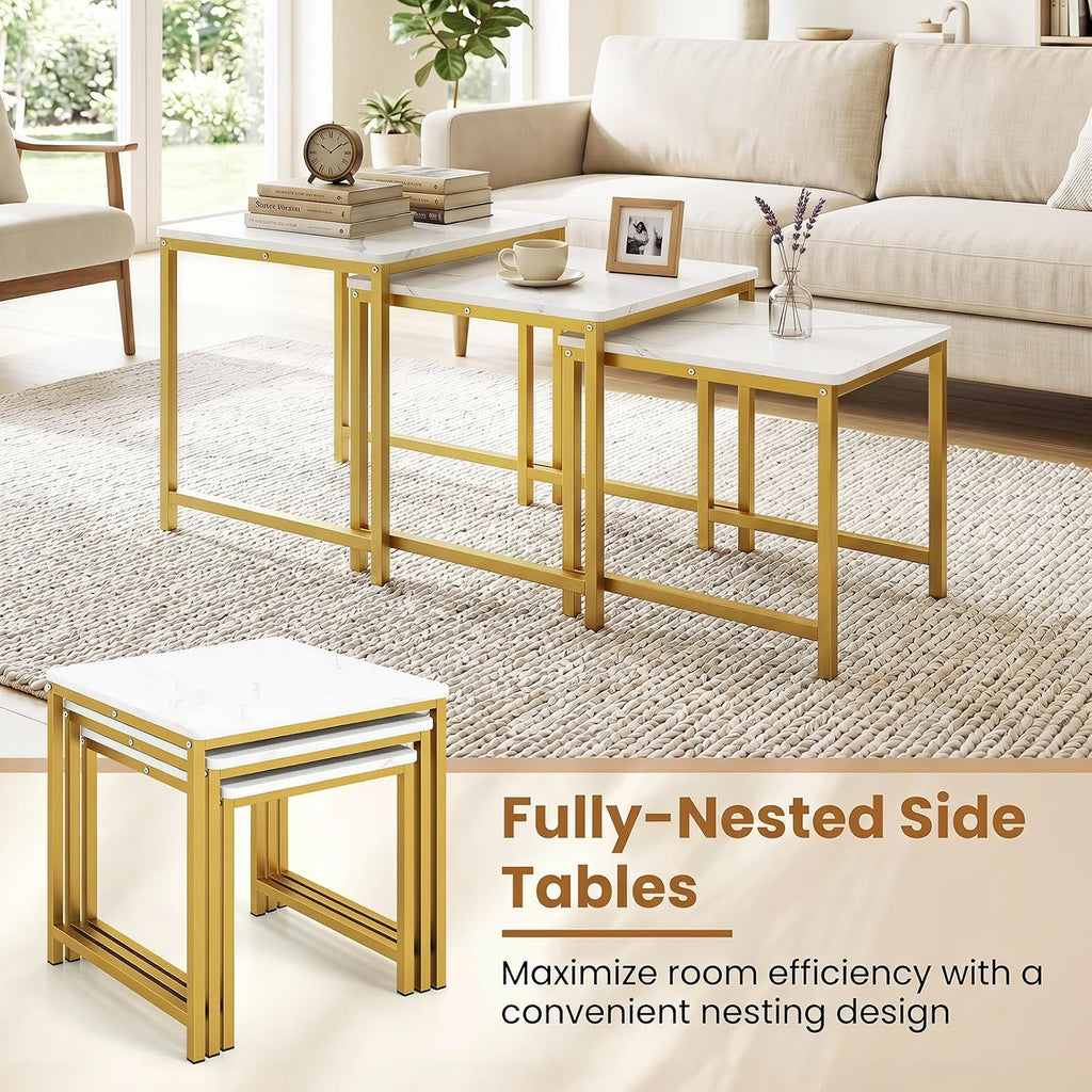 Giantex Nesting Coffee Table Set of 3, Small Center Tables, White | Faux Marble Coffee Table with Metal Frame, Space-Saving Stacking End Table for Small Space