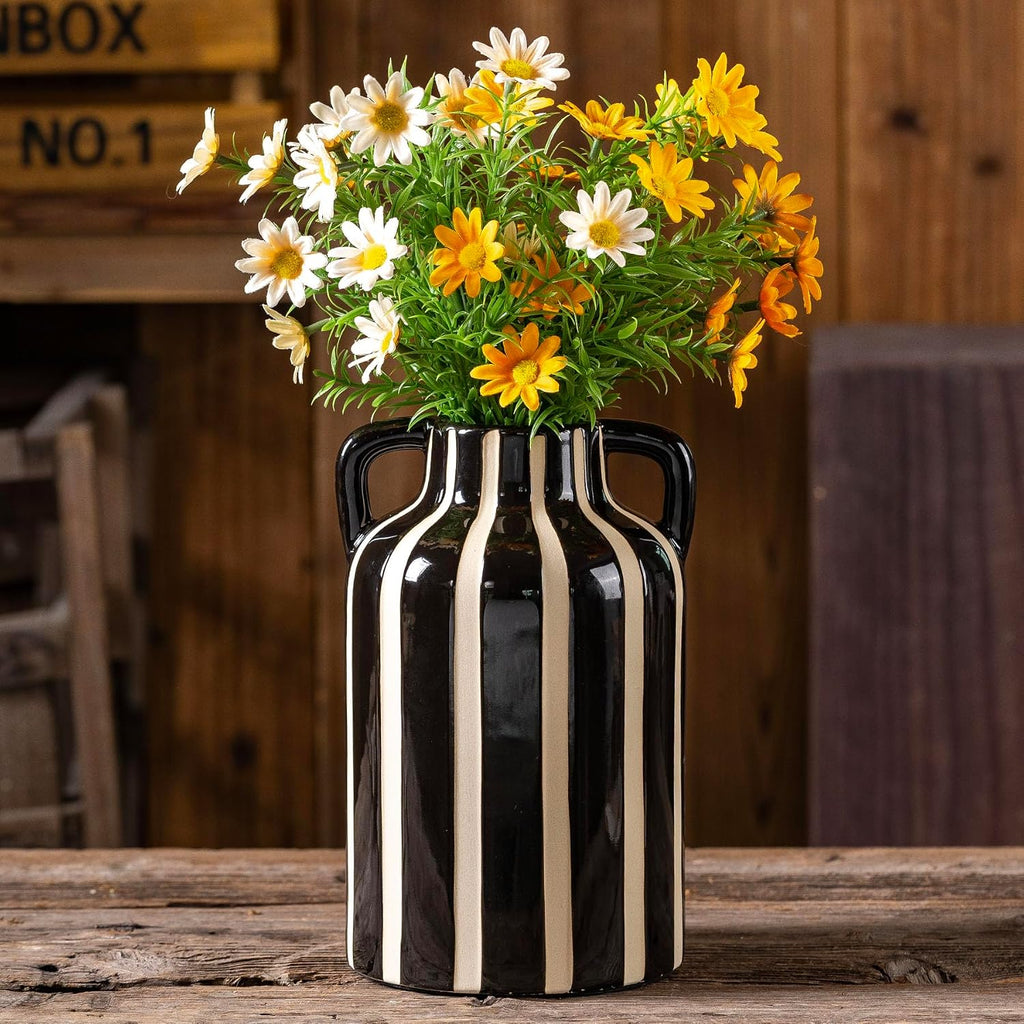 SURE YUESI Black Ceramic Vase with Handles, Modern Farmhouse Striped Decorative Vase, 9.1" Art Deco Tall Flower Vases for Pampas Grass, Shelf Decor, Dining Table Centerpiece, Living Room Home Decor