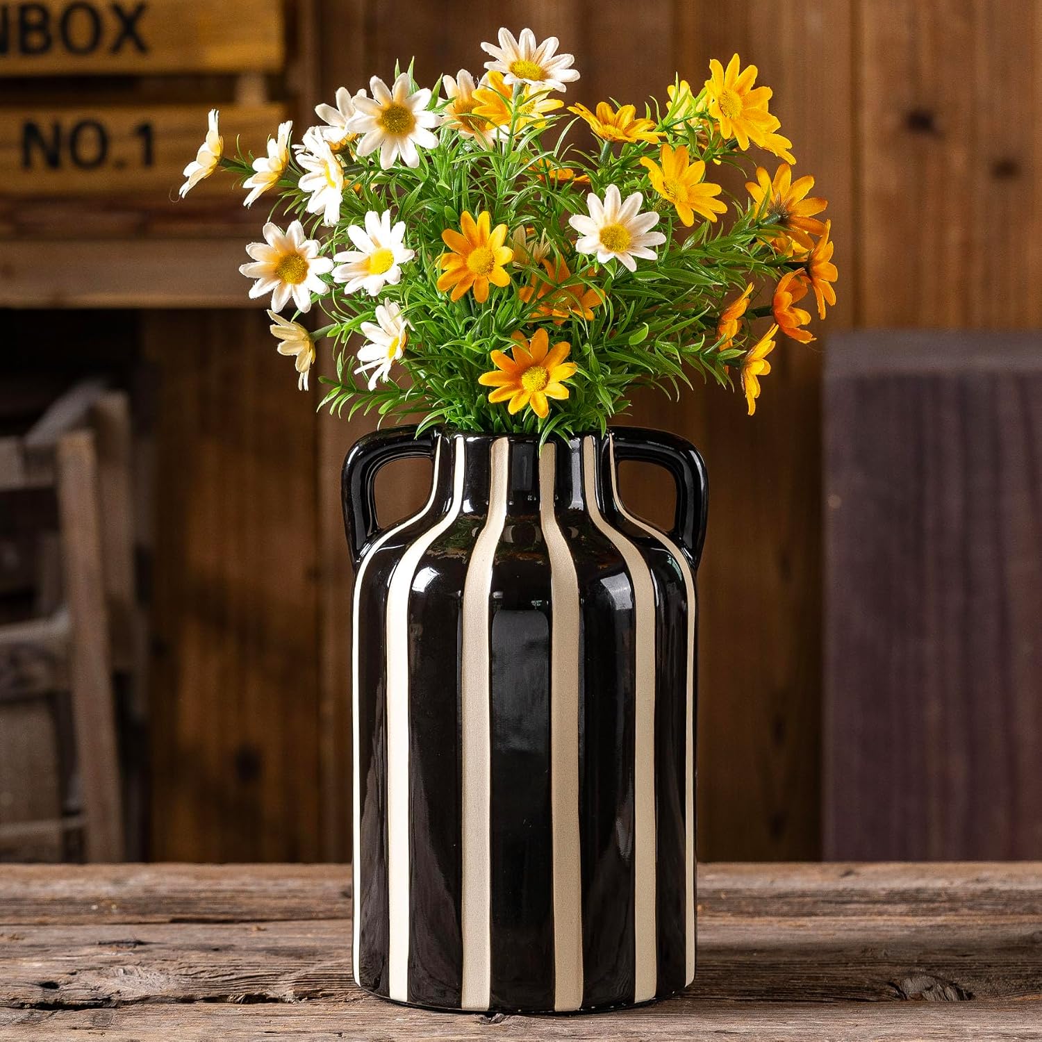 SURE YUESI Black Ceramic Vase with Handles, Modern Farmhouse Striped Decorative Vase, 9.1" Art Deco Tall Flower Vases for Pampas Grass, Shelf Decor, Dining Table Centerpiece, Living Room Home Decor