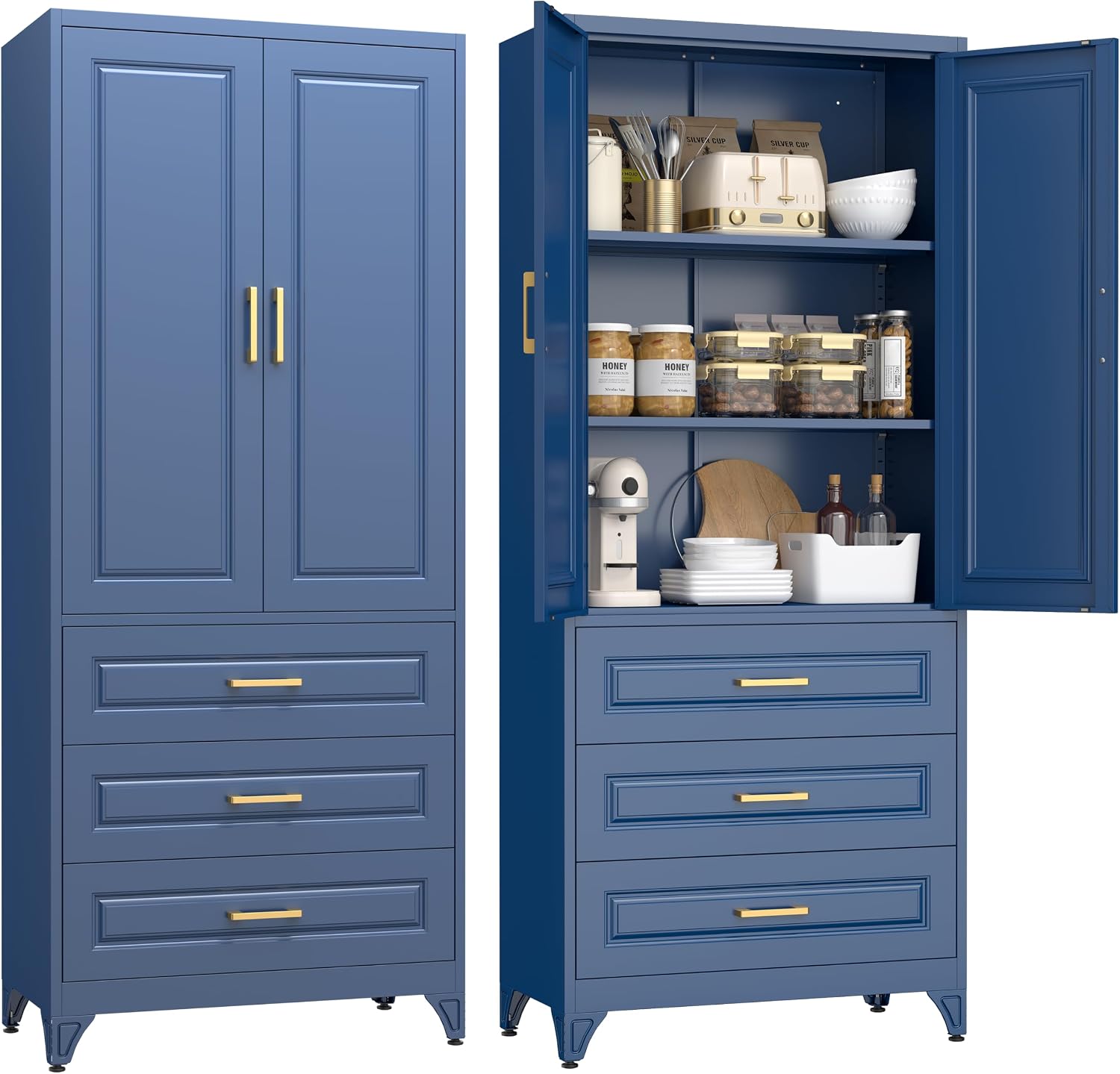 UNICOLY Pantry Kitchen Cabinet with Drawer, 75" Tall Metal Storage Cabinet, Pantry Storage Cabinets with Doors and Shelves, Large Freestanding Cupboard for Dining Room, Assembly Required, Blue