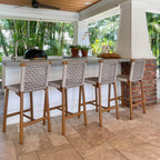 PURPLE LEAF Outdoor Counter Height Stools Set of 4 Aluminum Wicker Bar Stool with Back for Backyard Pool Lawn Kitchen Patio Metal Barstool Chairs Teak