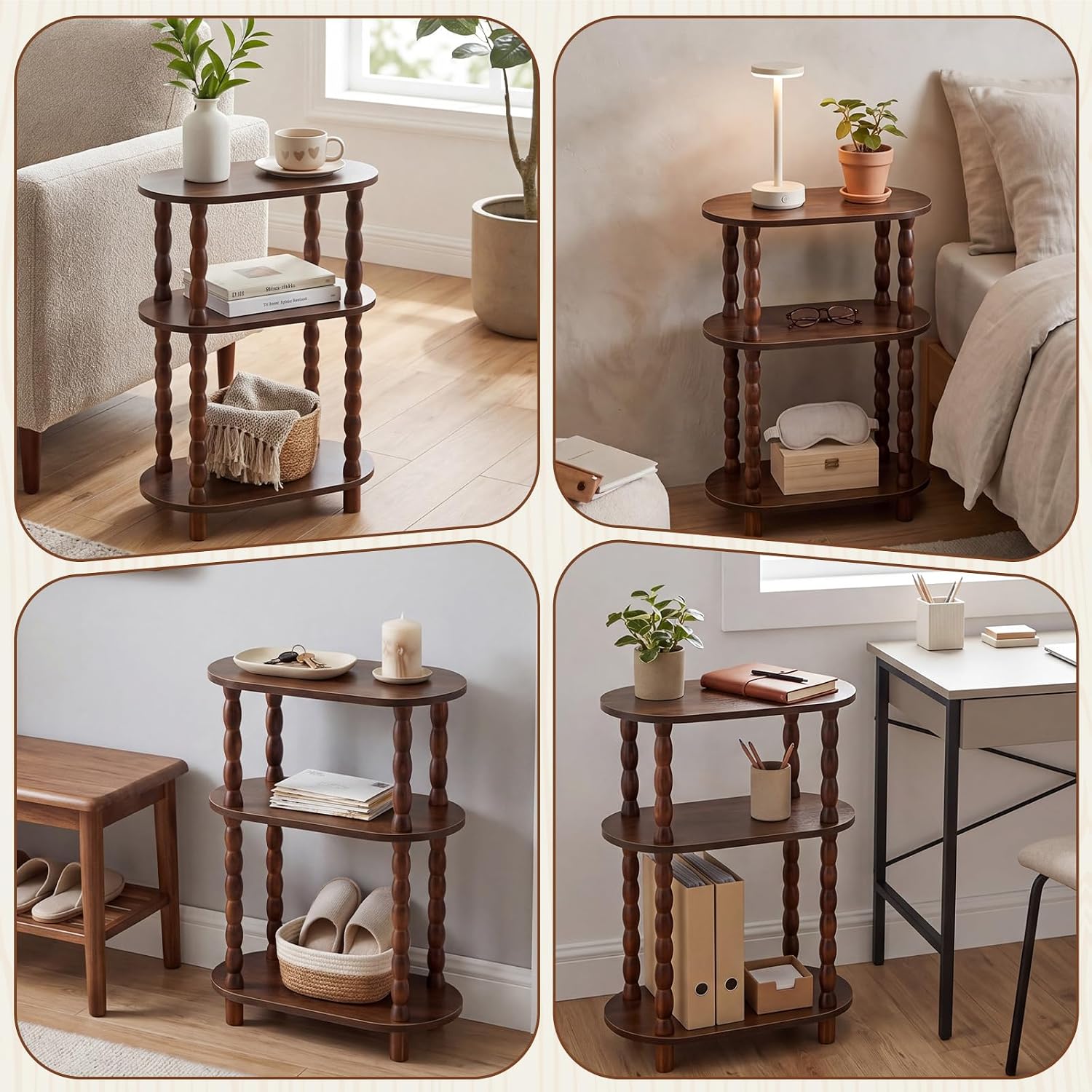 Narrow Side Table Set of 2, 3 Tier Skinny End Table for Small Space 15.7" L x 23.3" H Oval Wood Nightstand with Spindle Leg and Open Shelve, Slim Sofa Couch Accent Stand for Living Room Bedroom, Brown