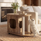 Tribesigns End Table, Sofa Side Table with Scratching Posts and Cat Bed | Oval, 360° Swivel Caster Wheels, Multifunctional Design, for Bedroom Living Room, White and Brown