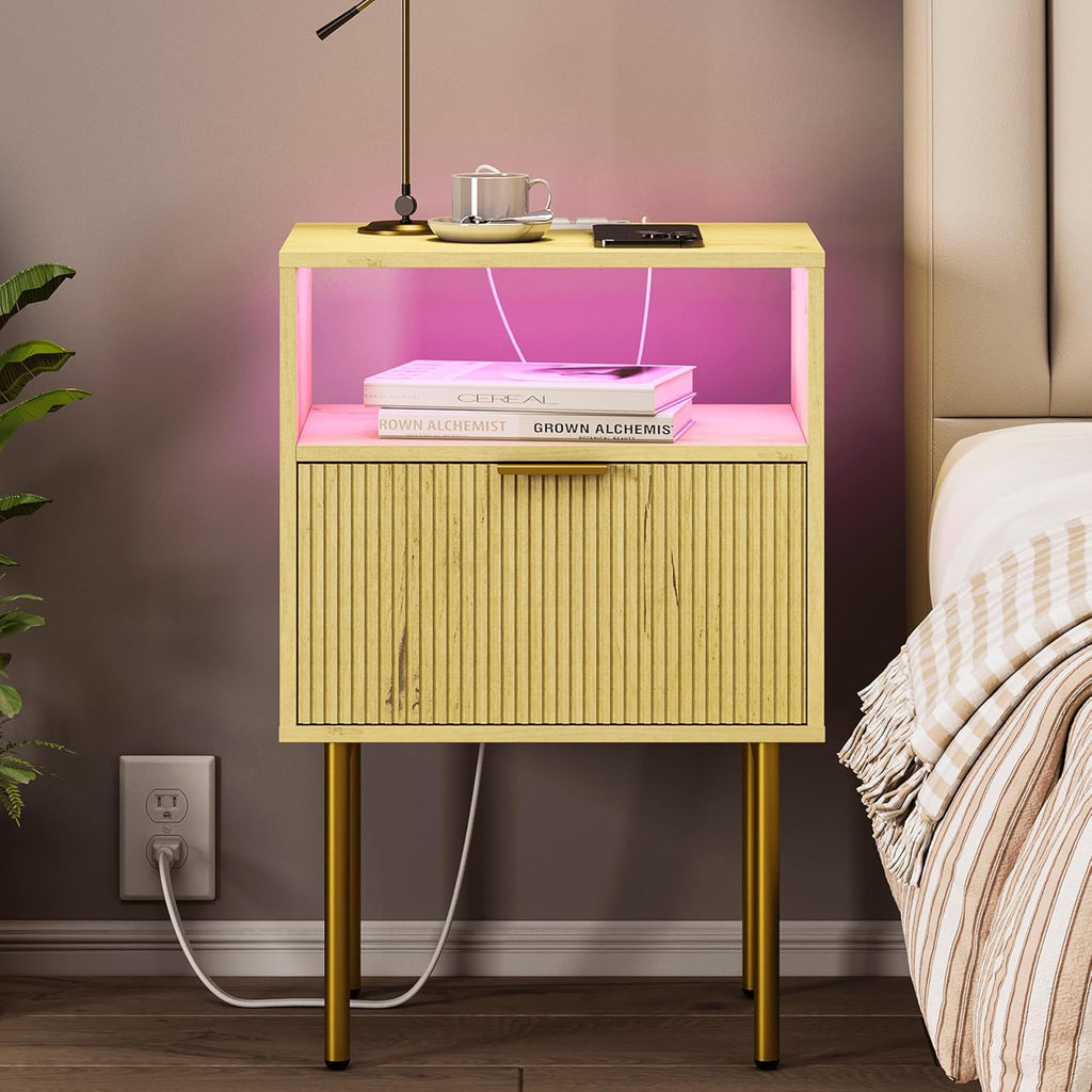 JOONEE Nightstand with Charging Station, Bedside Table with Storage Drawer, Fluted Side Table for Living Room, Bedroom