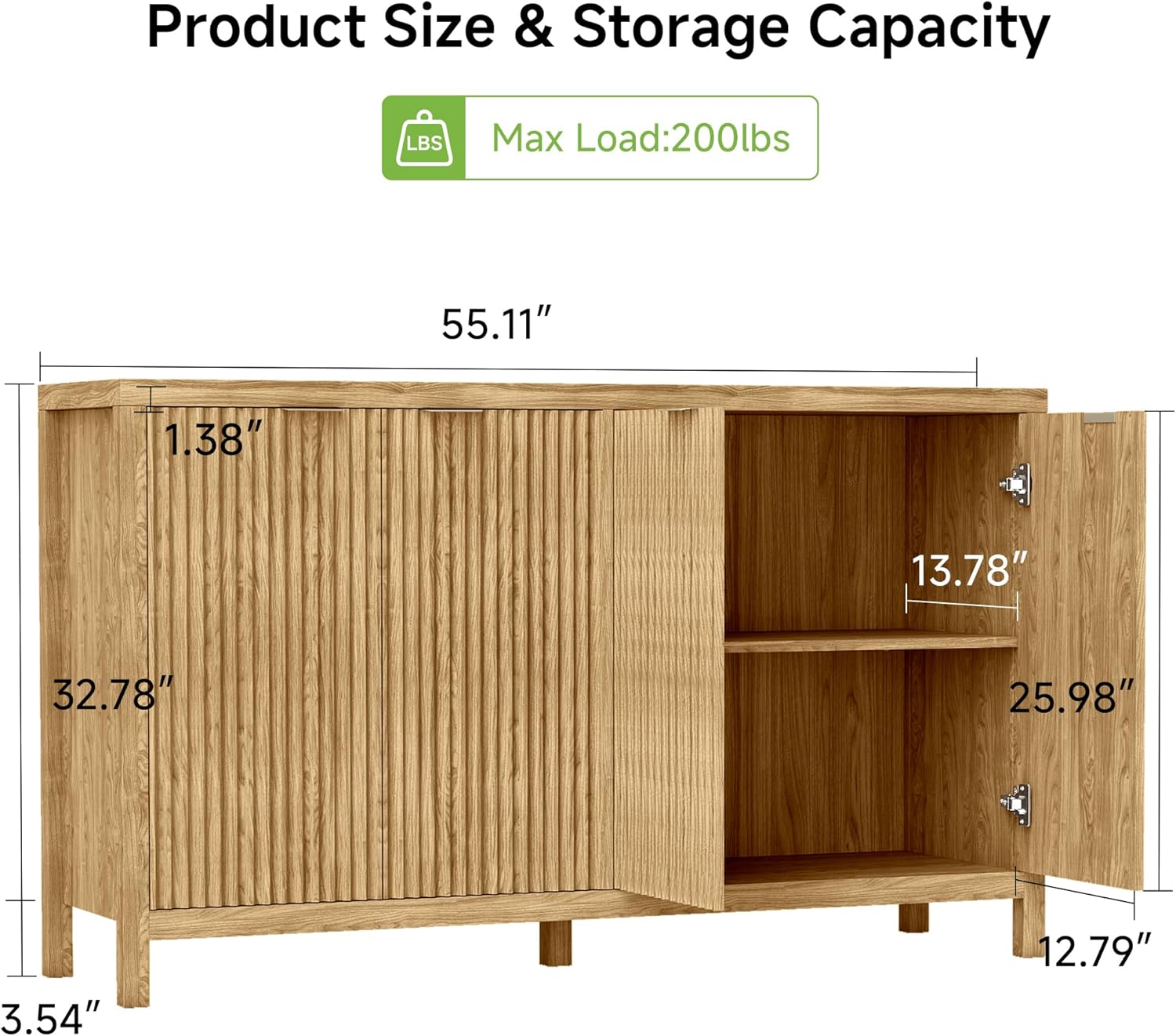 Real Relax Fluted Sideboard Buffet Cabinet with Storage, 55" Modern Sideboard Credenza Cabinet with 4 Doors, Coffee Bar Buffet Table for Dining Room, Kitchen, and Living Room, 55"x15.4"x32.8", Oak