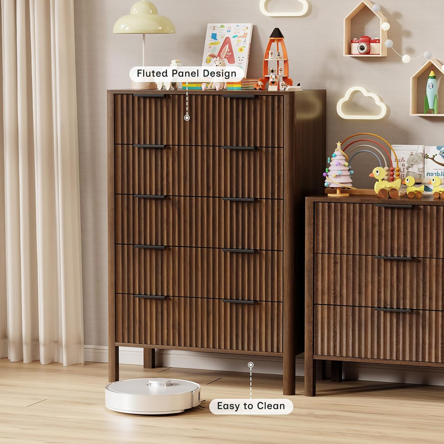 47 Inch Tall Dressers for Bedroom Fluted 5 Drawer Dresser, Wooden Dresser Modern Chest of Drawers Dressers with Organizer Storage for Bedroom, Living Room, Entryway, Walnut