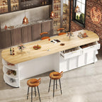 HSH 63” Large Kitchen Island with Storage & Seating, Modern Counter Height Island Table with 2 Drawers & Cabinets, 3 Oval Open Shelves, Stationary Island Prep Table for Kitchen Dining Room, Light Oak