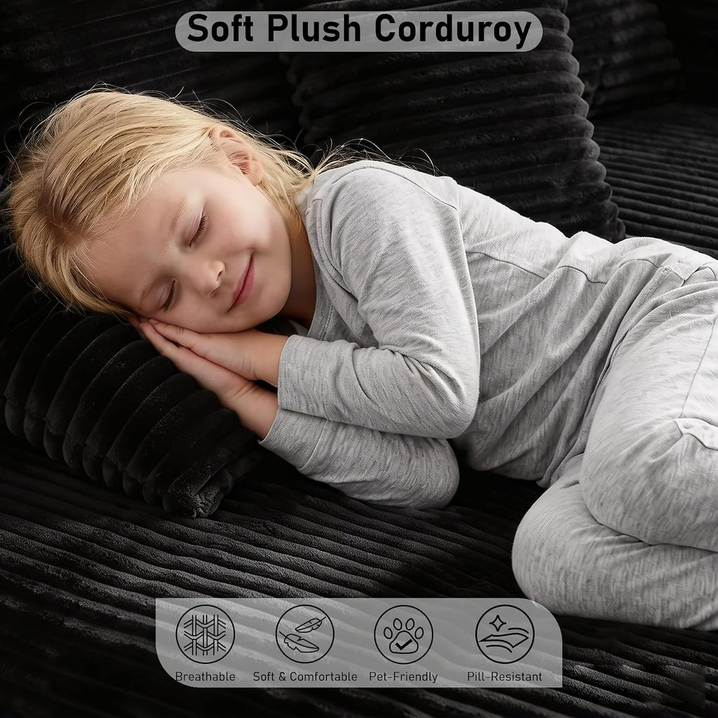 65'' Chaise Lounge Chair Indoor, Black Corduroy Sofa Bed, Boneless Lounge Chair, Oversized Sleeper Sofa, Black Corduroy Cloud Couch Reading Chair for Living Room No Assembly