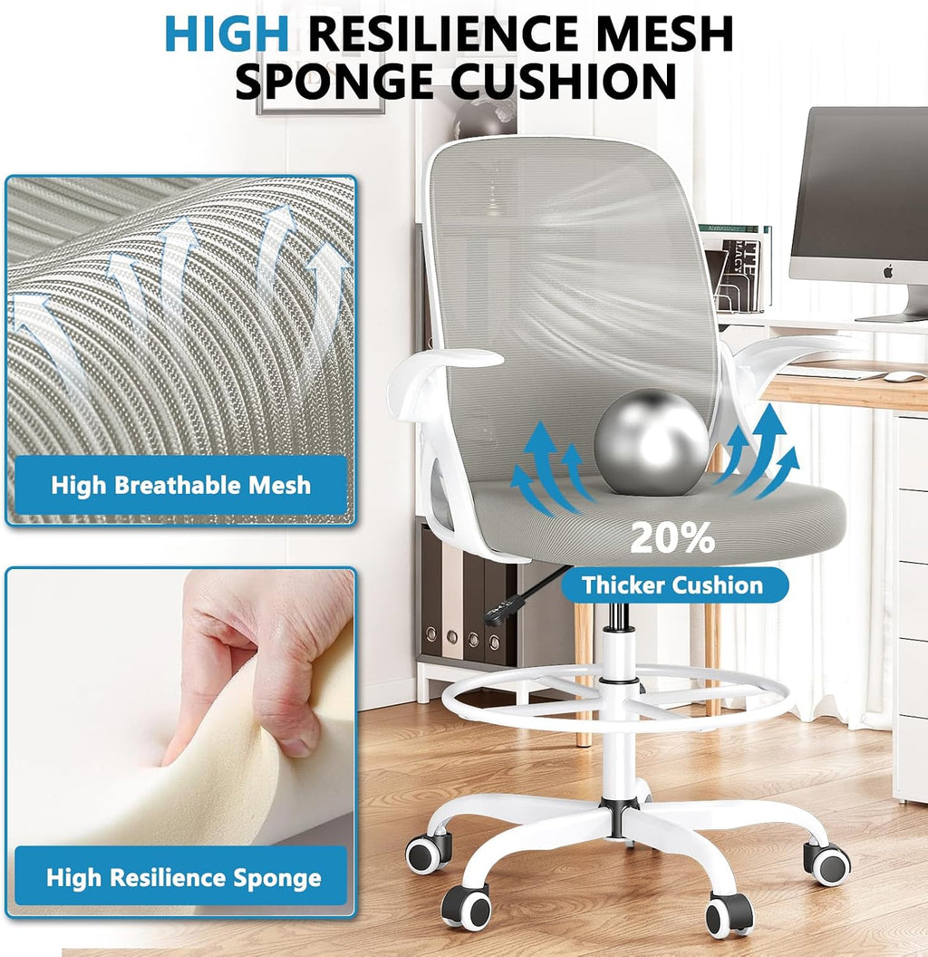 Kensaker Drafting Chair Tall Office Chair, Ergonomic Standing Desk Chair with Adjustable Foot Ring and Flip-up Armrests, Mesh Computer Chair for Art Studio, 300 LBS, Gray