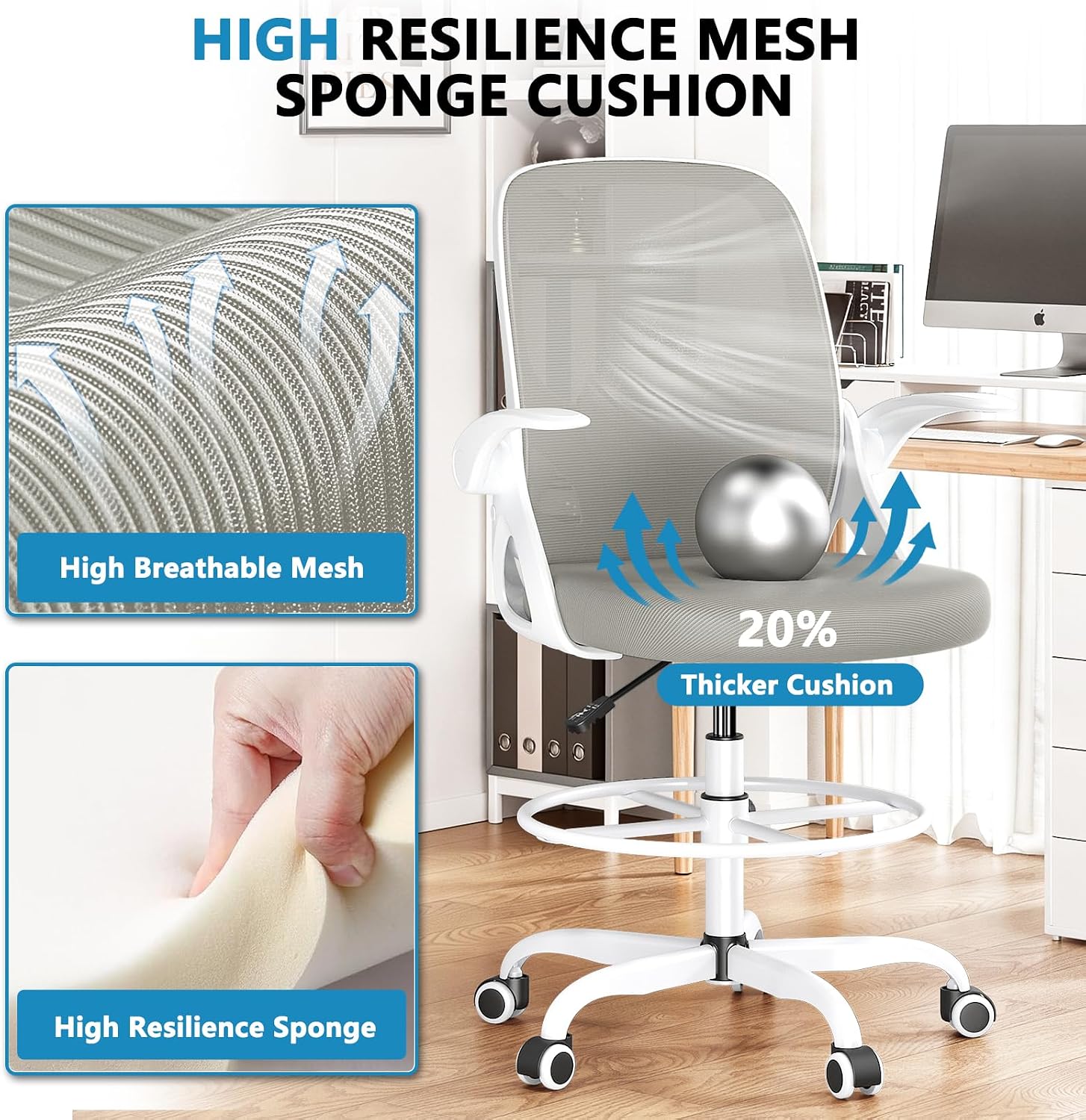 Kensaker Drafting Chair Tall Office Chair, Ergonomic Standing Desk Chair with Adjustable Foot Ring and Flip-up Armrests, Mesh Computer Chair for Art Studio, 300 LBS, Gray