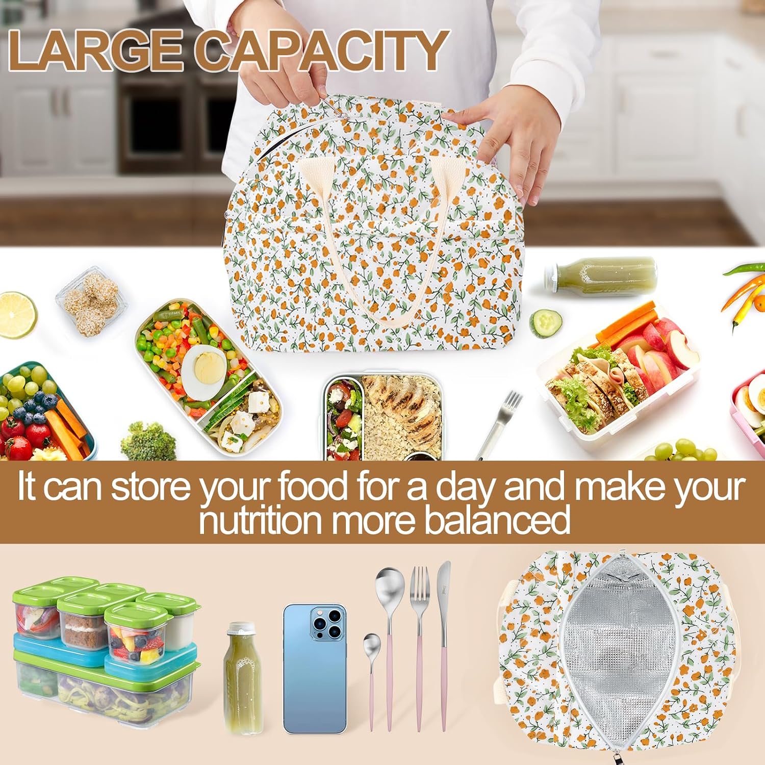 Cotton Quilted Insulated Lunch Bag, Cute Quilted Floral Lunch Tote Bags Reusable Insulated Lunch Box Coquette Aesthetic Large Capacity Insulated Cooler for Women Work Travel Picnic (Orange Flower)