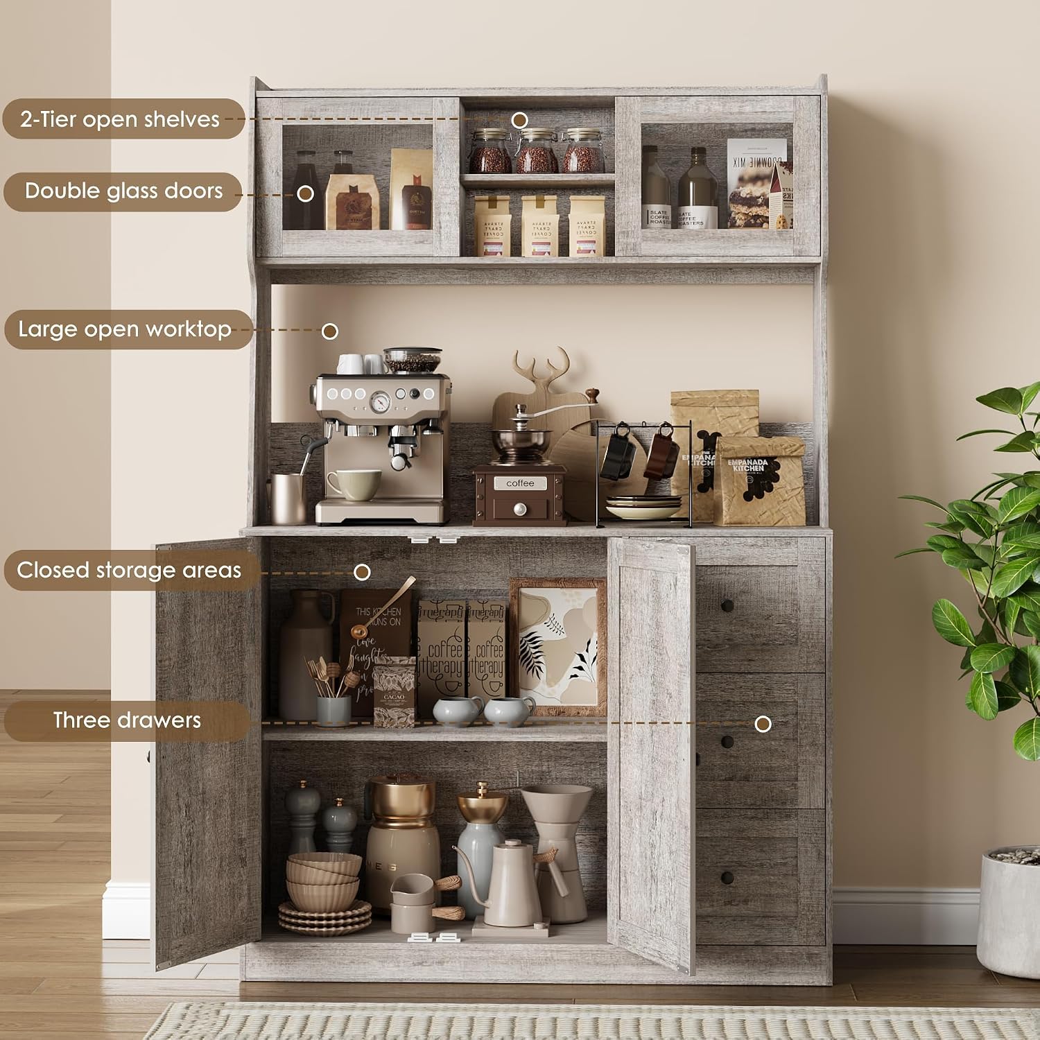 67'' Tall Kitchen Pantry Cabinet with Microwave Shelf, Sideboard Hutch Storage Cabinet with Doors, Shelves and Drawers, Wooden Coffee Bar, Sideboard Buffet Cabinets with Storage for Office(Grey)
