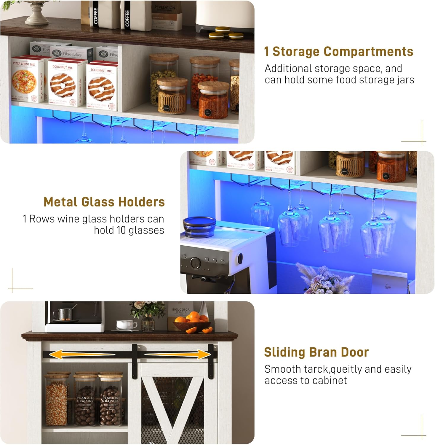 31.5"Wide Farmhouse Coffee Bar Cabinet with LED Light,Wine Bar Cabinet w/2 Storage Hutch,Kitchen Buffet Cabinet w/Sliding Barn Door & Wine and Glass Racks for Kitchen Dining Room(Antique White)