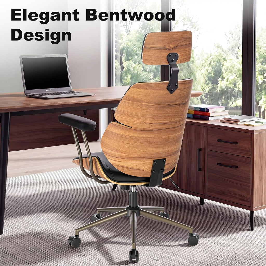 Home Office Desk Chair, High Back Chair with Headrest and Armrests, Modern Curved Walnut Wood Back and Seat, Ergonomic PU Leather Executive Swivel Rolling Chair for Home Office, Study(Black)