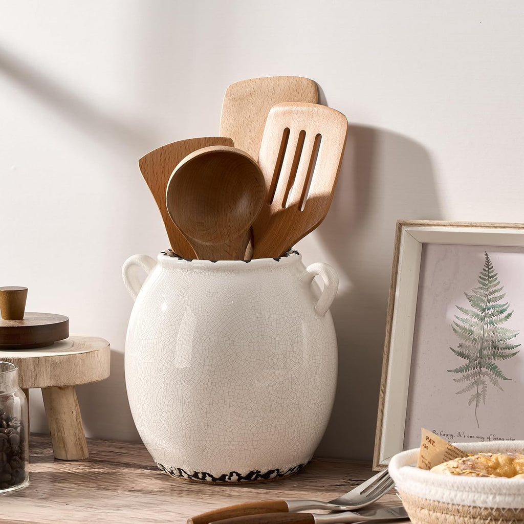 JIEMEI HOME Kitchen Utensil Holder with Handle, 6.69" Ceramic Farmhouse Stable Utensil Crock for Countertop, Cooking Tool Organizer with Cork Bottom, Spatula Holder For Kitchen Decor, White