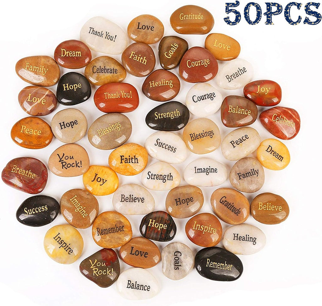 ROCKIMPACT 50PCS Engraved Rocks Different Words Inspirational Stones Bulk Faith Stones Zen Stones Gratitude Rocks Healing Prayer Stones Encouragement Rocks, 2"-3" Each