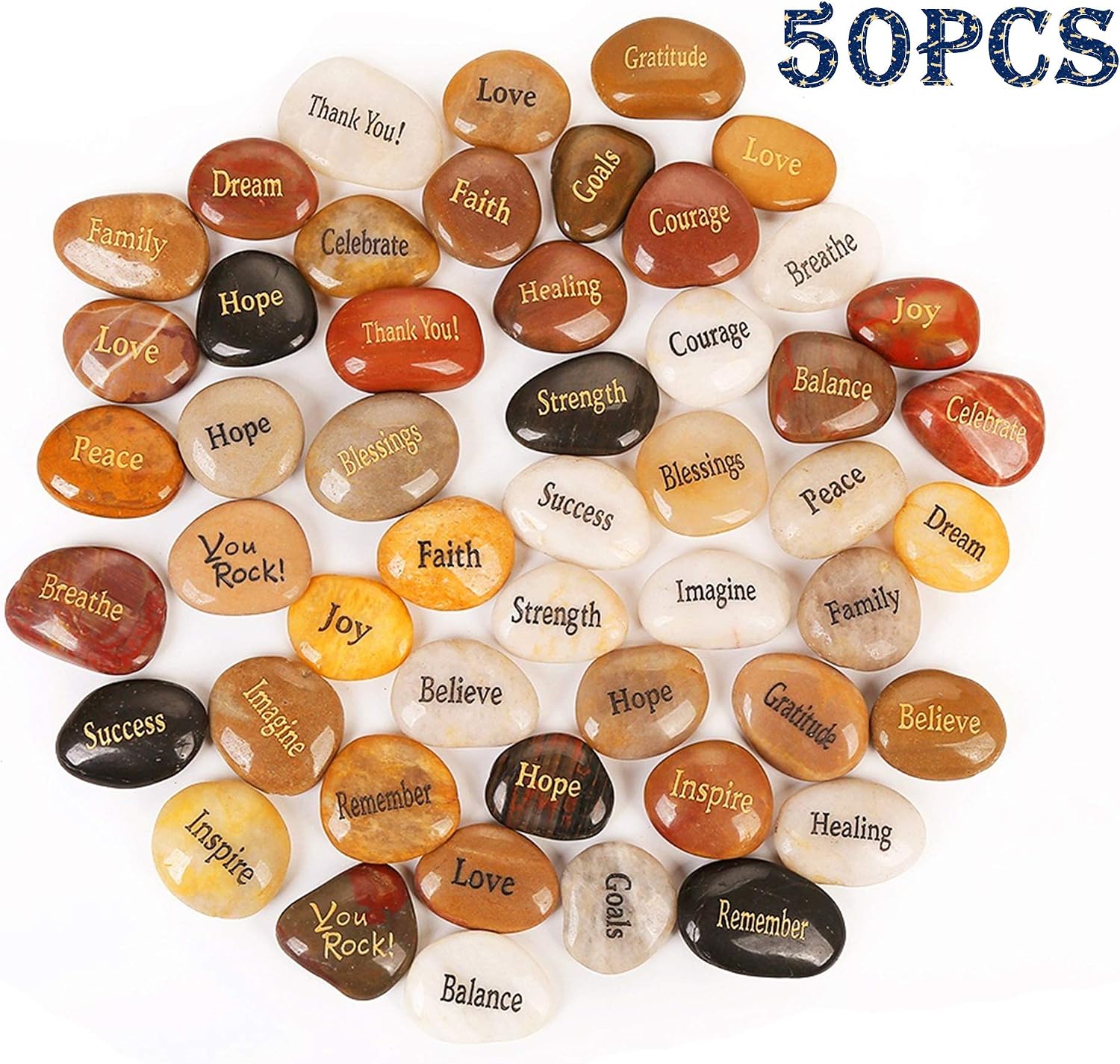 ROCKIMPACT 50PCS Engraved Rocks Different Words Inspirational Stones Bulk Faith Stones Zen Stones Gratitude Rocks Healing Prayer Stones Encouragement Rocks, 2"-3" Each