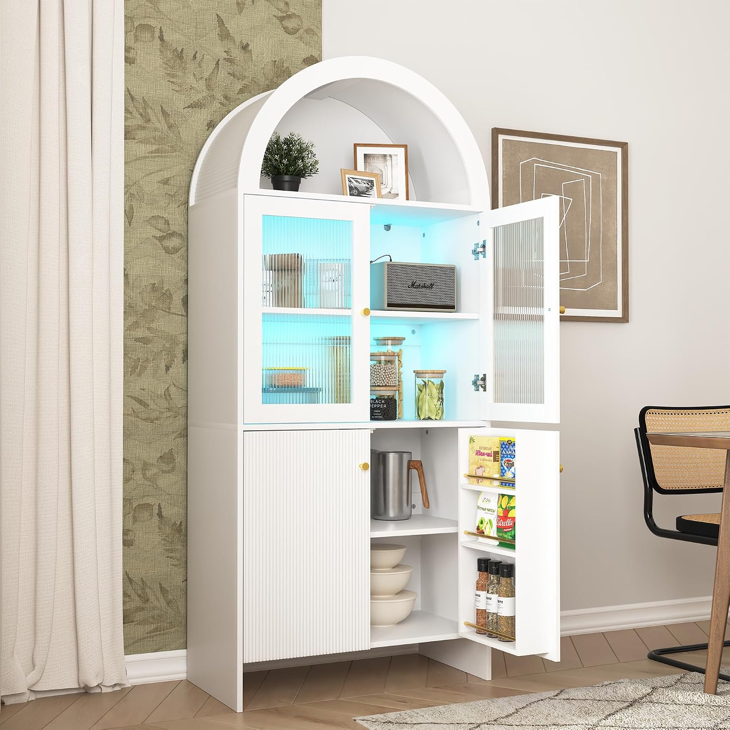 Spaco 69" Tall Arched Kitchen Pantry Cabinet with Led Lights,Wood Fluted Kitchen Storage Cabinet with 5-Tiers Storage Shelves,Modern Versatile Cupboard with Glass Doors for Dining Room. (White)