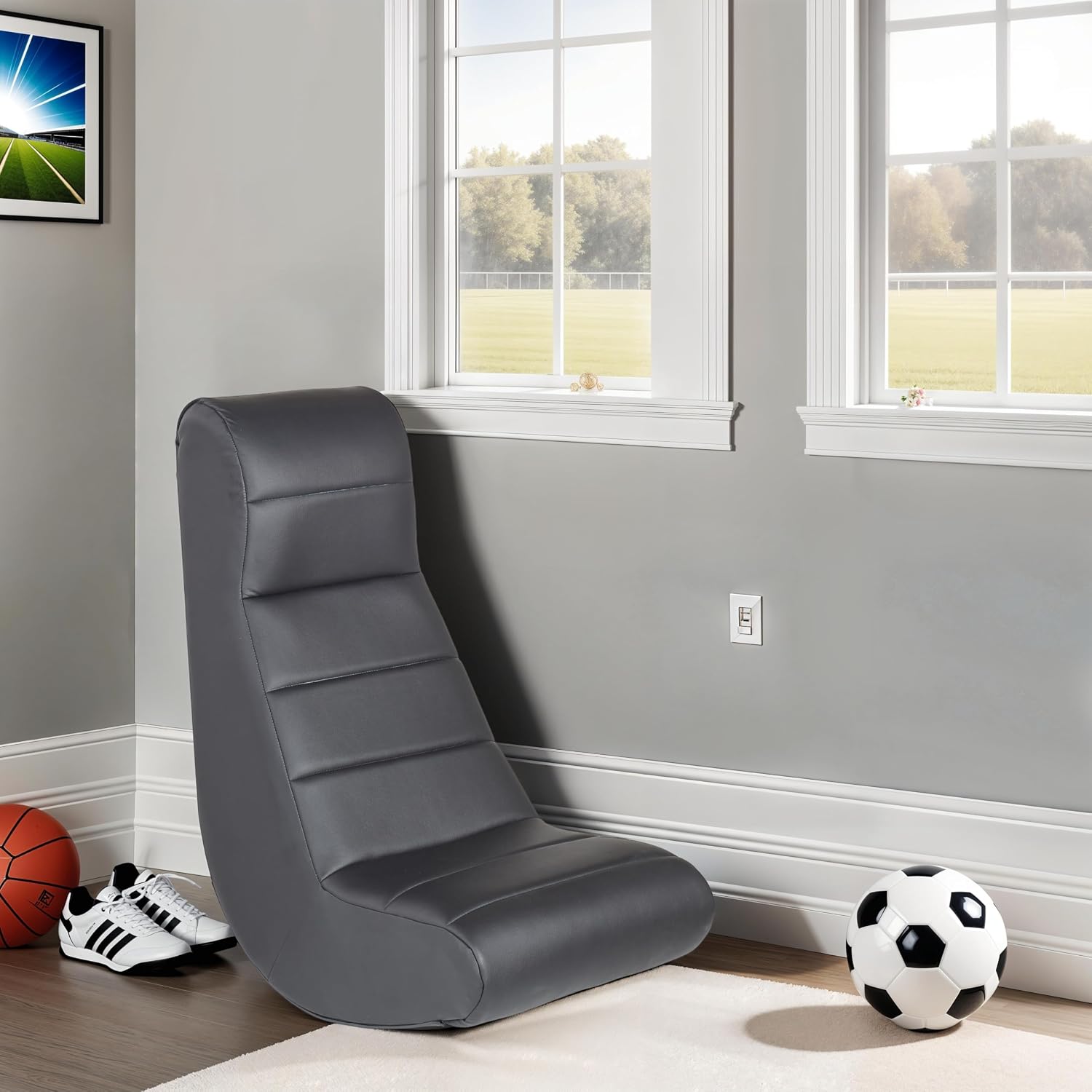 Factory Direct Partners Soft Ergonomic Horizontal Soft Floor Video Rocker - Cushioned Ground Chair Great for Reading, Gaming or Watching TV for Kids, Teens and Adults - Black, 10489-BK