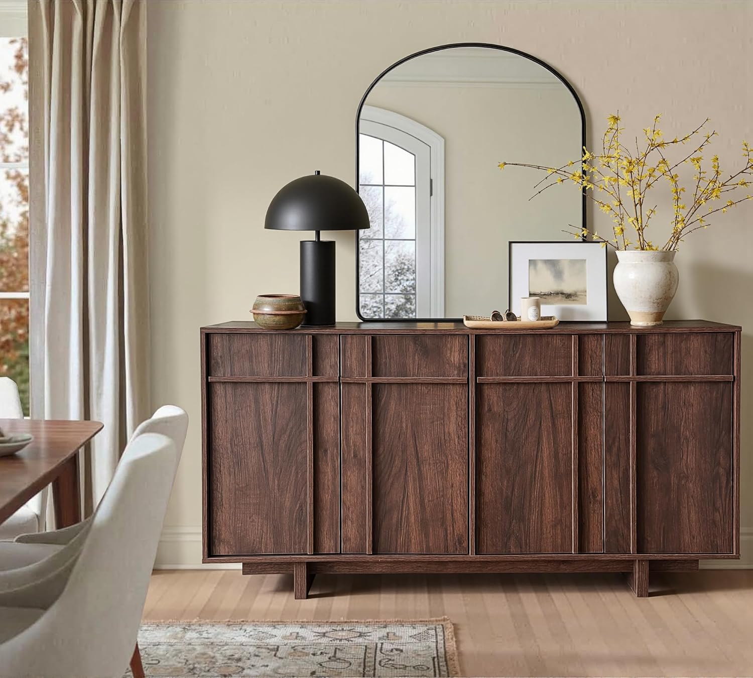 Sideboard Buffet Cabinet with Storage, Mid Century Modern Accent Cabinet with Skeleton Line & Wood Grain Texture,Minimalist Geometric Credenza for Living Room, Kitchen and Entryway, Walnut