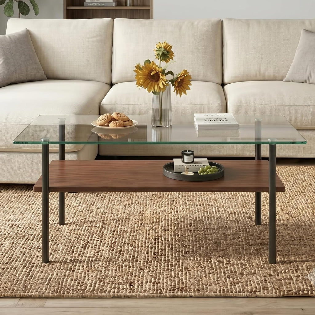Glass Coffee Table Modern Center Table, Coffee Table for Living Room, Tempered Glass-top with Sturdy Metal Frame, Easy Assembly, Clear