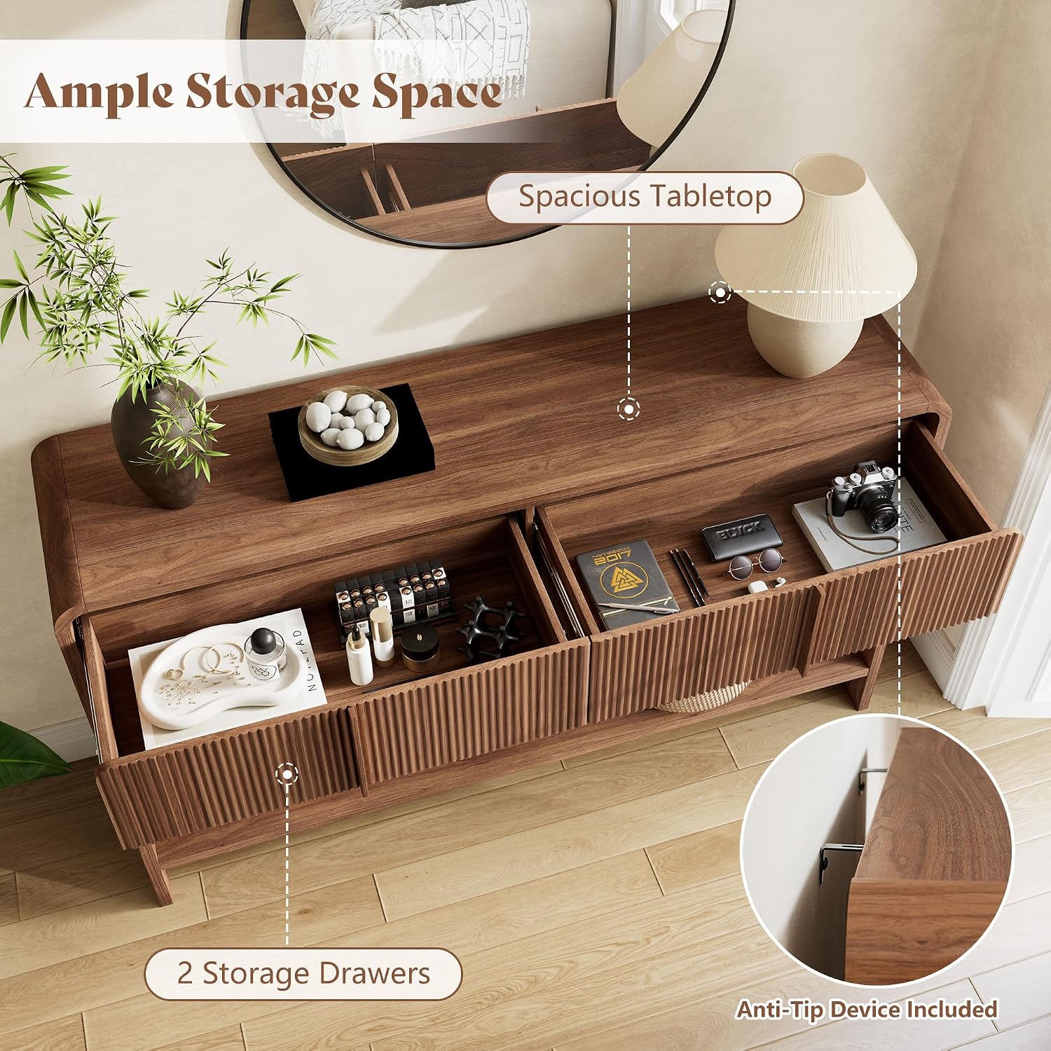 AMERLIFE 45" Fluted Console Table with 2 Drawers and Open Shelf, Modern Entryway Table with Rounded Edges, Wood Sofa Table for Hallway, Foyer, Behind Couch, Living Room, Brown