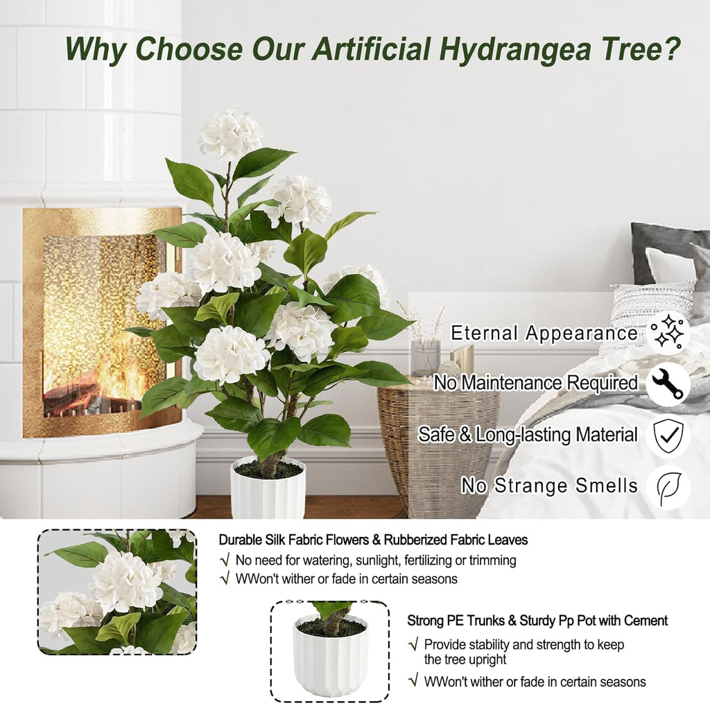 3FT Artificial Hydrangea Tree 2 Pack, Realistic Faux Hydrangea Plants in Pot with White Flowers, Lifelike Faux Greenery Home Indoor Outdoor Front Porch Garden or Wedding, White
