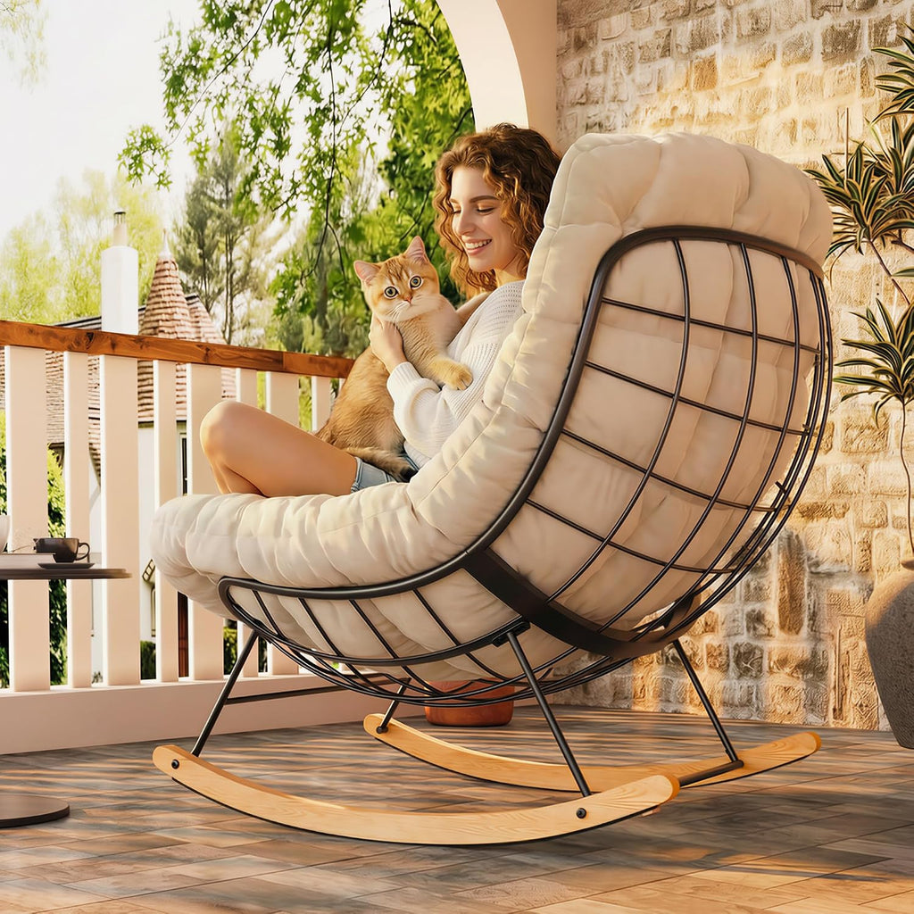 FLEXISPOT Oversized Outdoor Rocking Chair with Thick Cushioned Seat & Bonus Pillow Modern Patio Papasan Rocker Lounge Chair with Metal Frame Wood Base Accent Chair for Porch Balcony Living Room Beige
