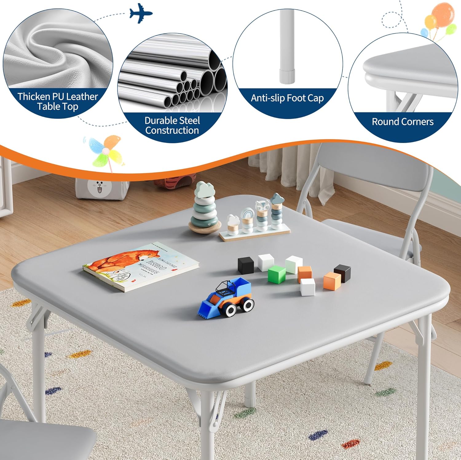 5 Piece Set Folding Card Table and Chairs, Portable Foldable Table with 2 PU Padded Chairs, Lightweight Dining Set for Indoor Outdoor, Camping, Parties, RV