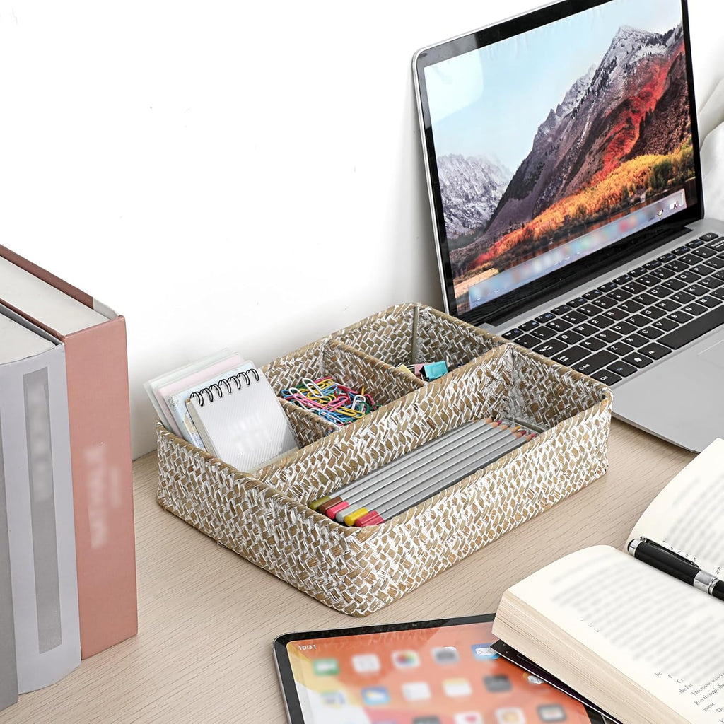 BTSKY Desk Drawer Organizer Tray, Coffee Station Organizer Tea Bag Organizer, Woven Seagrass Storage Basket with 4 Divided Sections Handwoven Wicker Basket for Shelves, Pantry, Coffee Bar (White)