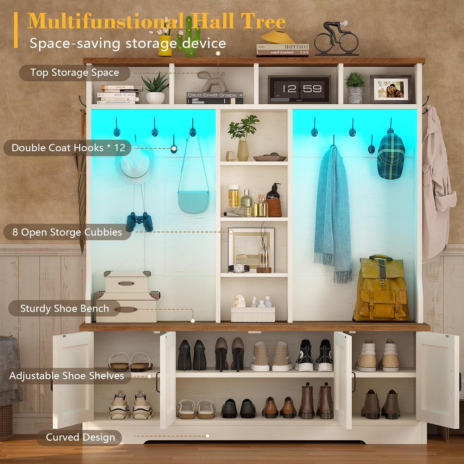 CSZZD Hall Tree with Bench and Shoe Storage, Farmhouse Entryway Bench with Coat Racks and Led Lights, Large Hall Tree with 12 Coat Hooks, 8 Storage Cubbies, Adjustable Shelf