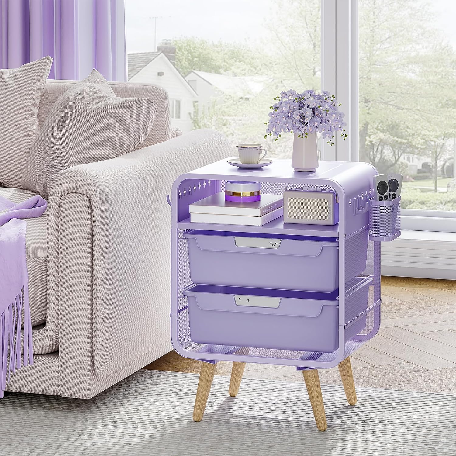 SYKIARIOL Kids Nightstand, Girls Bedside Table, Night Side Table | Kids Night Stand, End Tables Bedroom, Purple Cute Nightstand with Storage Drawer for Girls