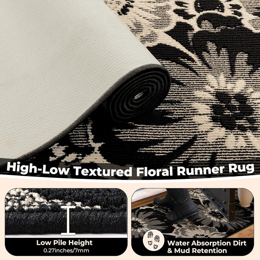 Findosom Hallway Runner Rug 2x8, Non Slip High-Low Textured Floral Washable Runner Rug with Rubber Backing, Boho Carpet Runner for Kitchen, Entryway, Bedroom, Laundry, Black & Beige