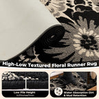 Findosom Hallway Runner Rug 2x8, Non Slip High-Low Textured Floral Washable Runner Rug with Rubber Backing, Boho Carpet Runner for Kitchen, Entryway, Bedroom, Laundry, Black & Beige