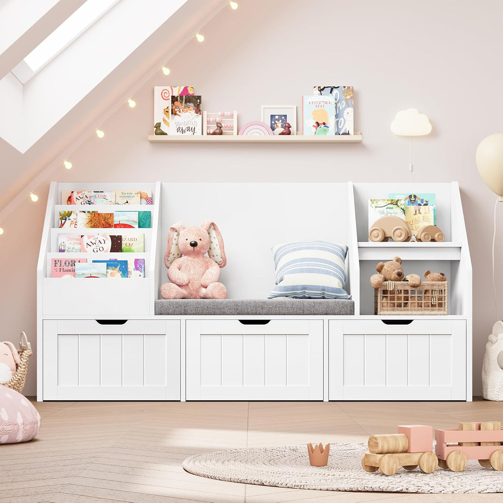 FOTOSOK 55.1’’ Kids Bookshelf with Reading Nook, Toy Storage Organizer with Seat Cushion and 3 Movable Drawers, Kids Reading Nook Toy Organizers and Storage with Bench for Playroom, Bedroom, White