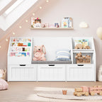 FOTOSOK 55.1’’ Kids Bookshelf with Reading Nook, Toy Storage Organizer with Seat Cushion and 3 Movable Drawers, Kids Reading Nook Toy Organizers and Storage with Bench for Playroom, Bedroom, White