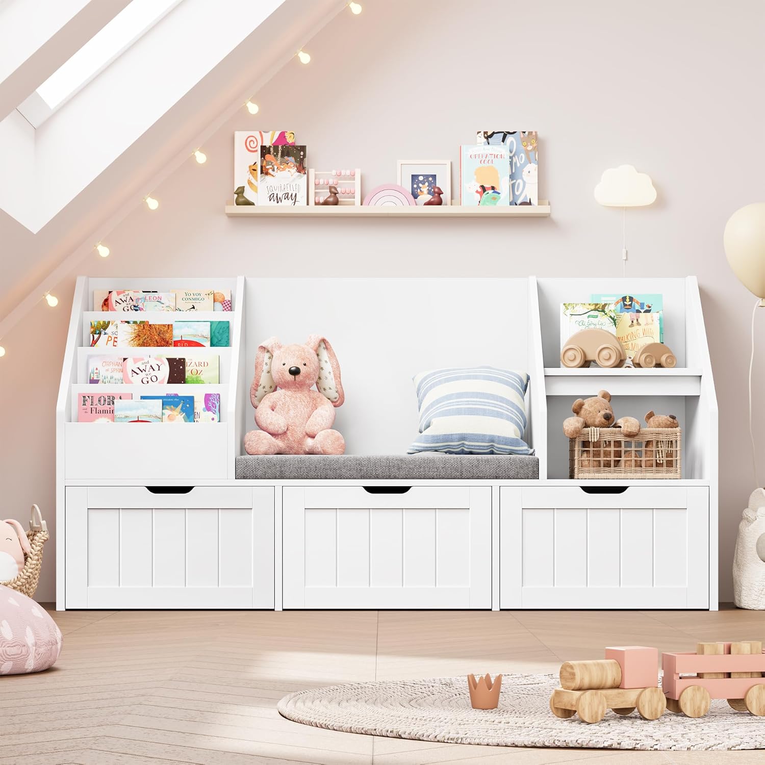 FOTOSOK 55.1’’ Kids Bookshelf with Reading Nook, Toy Storage Organizer with Seat Cushion and 3 Movable Drawers, Kids Reading Nook Toy Organizers and Storage with Bench for Playroom, Bedroom, White