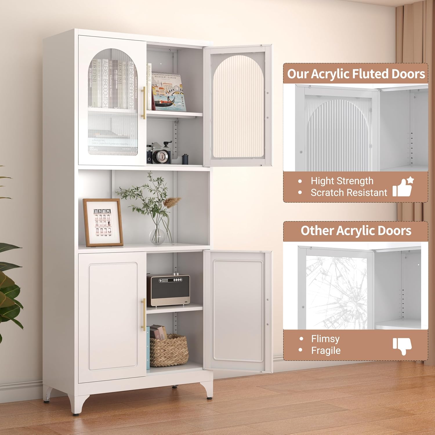 Kitchen Pantry Cabinet with Acrylic Glass Doors, 75" Freestanding Food Pantry with Countertop, Adjustable Shelves, Metal Cabinet for Living, Dining Room, White, Assembly Required
