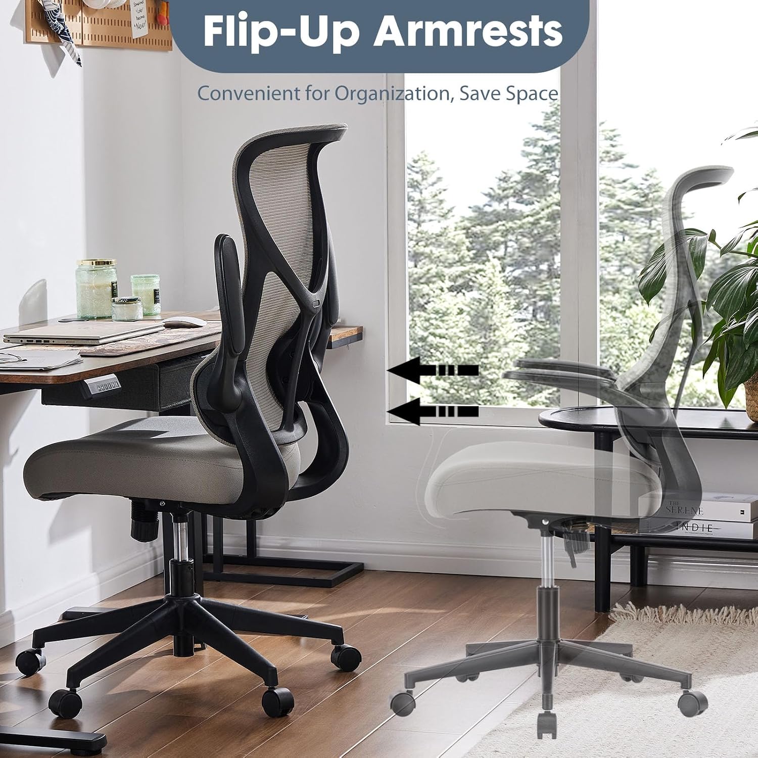 DUMOS Home Office Desk Chair - Ergonomic High Back Mesh Computer Task Chair with Comfy Flip-up Armrests, Swivel Adjustable Height with Wheels, Comfortable Lumbar Support, for Adults, Gery